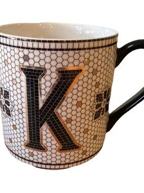 Anthropologie Monogram K Bistro Tile Mosaic Honeycomb Mug Cup 15 oz